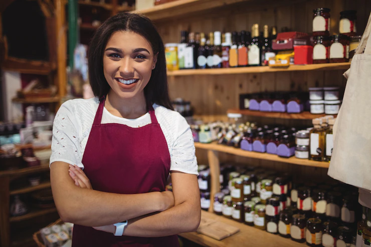 Mujer en su negocio de viveres celebrando el día del emprendedor en Colombia